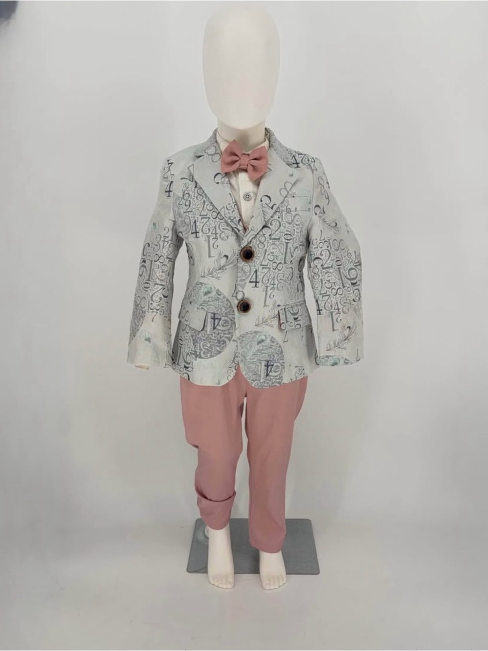 Kids Printed Light Gray Blazer with Pink Bow Tie